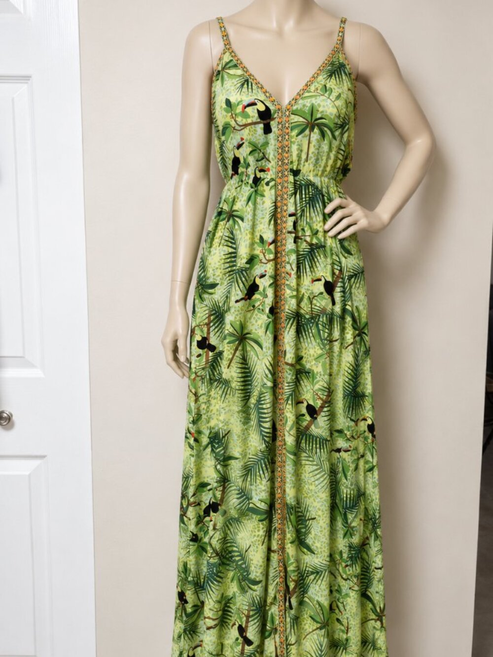America & Beyond Maxi Dress Large Tropical Bird Coastal Relaxed Boho Palm Beach